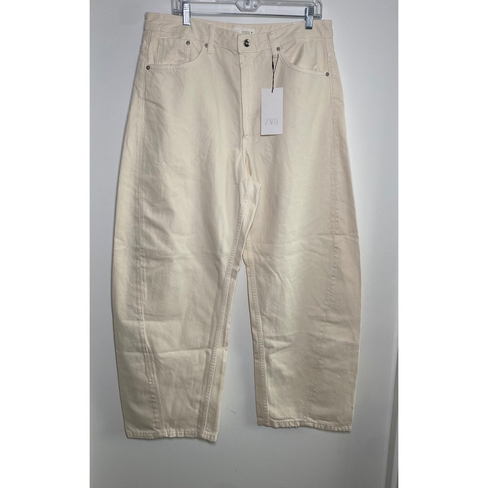 Zara New Baggy Balloon Jeans Women Size 10 Cream NWT Mid Rise Cotton